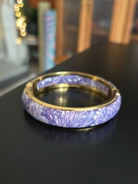 Purple Patterned Gold-Trim Hinged Bangle Bracelet